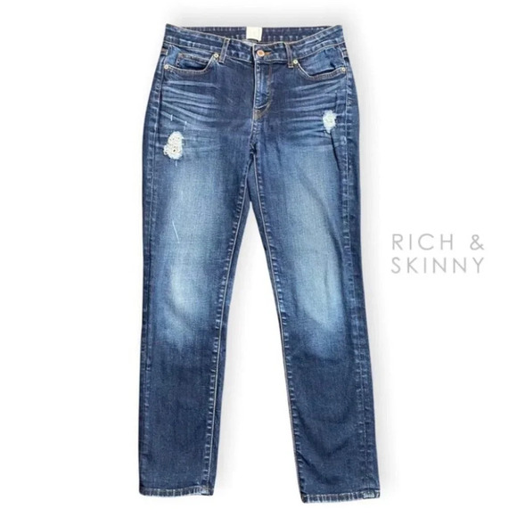 Rich  & Skinny Distressed Blue Skinny Jeans with Embroidered Lace Patches - Picture 1 of 10